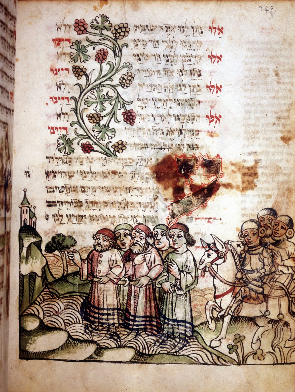 İncil sahnesi: Yahudiler Kızıldeniz'i geçerler. Bir Machazor'un sayfası, İbranice dua kitabı. el yazması sd. by School Jewish