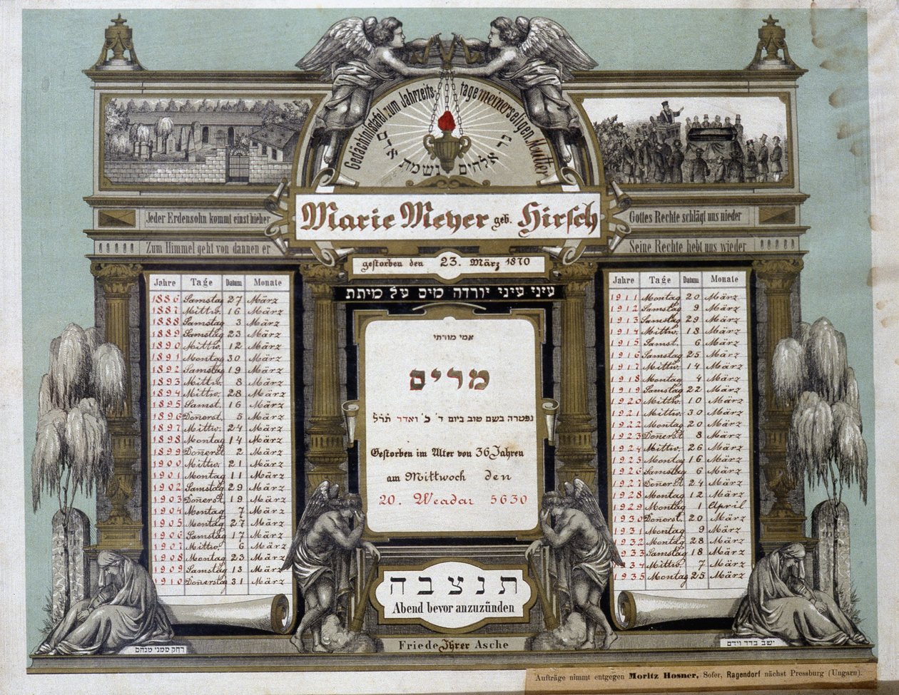 Ölen bir yakın akrabanın Gelecekteki Morg Hizmetleri için anma takvimi. Jahrzeit tablosu. Yahudi Müzesi Basel, İsviçre. by School Jewish