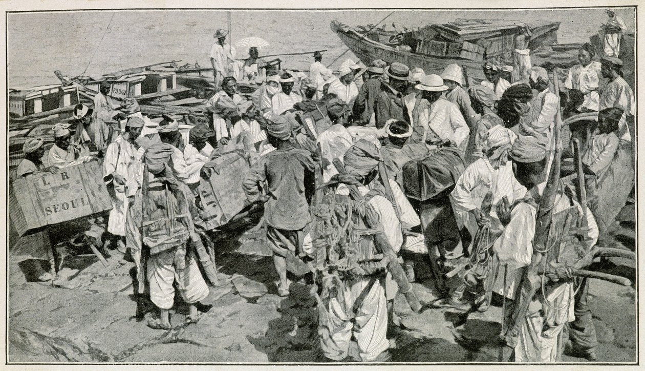 Chemulpo limanındaki Koreli Hamallar (Güney Kore), hurdaları boşaltıyor - J. de Pange tarafından 19. yüzyıldan kalma bir fotoğraftan sonra illüstrasyon, Doktor Hagen tarafından Kore'de Seyahatten by School Korean