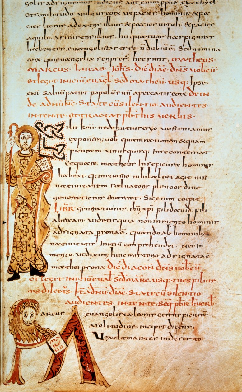 Aziz Matta; M harfi (Saint Mark aslanının başı). Sayfa “” Gellone Sacramentary”, folio 42. Aydınlatılmış David, v. 790, Fransa, Meaux veya Cambrai. BN, Paris by School Merovingian