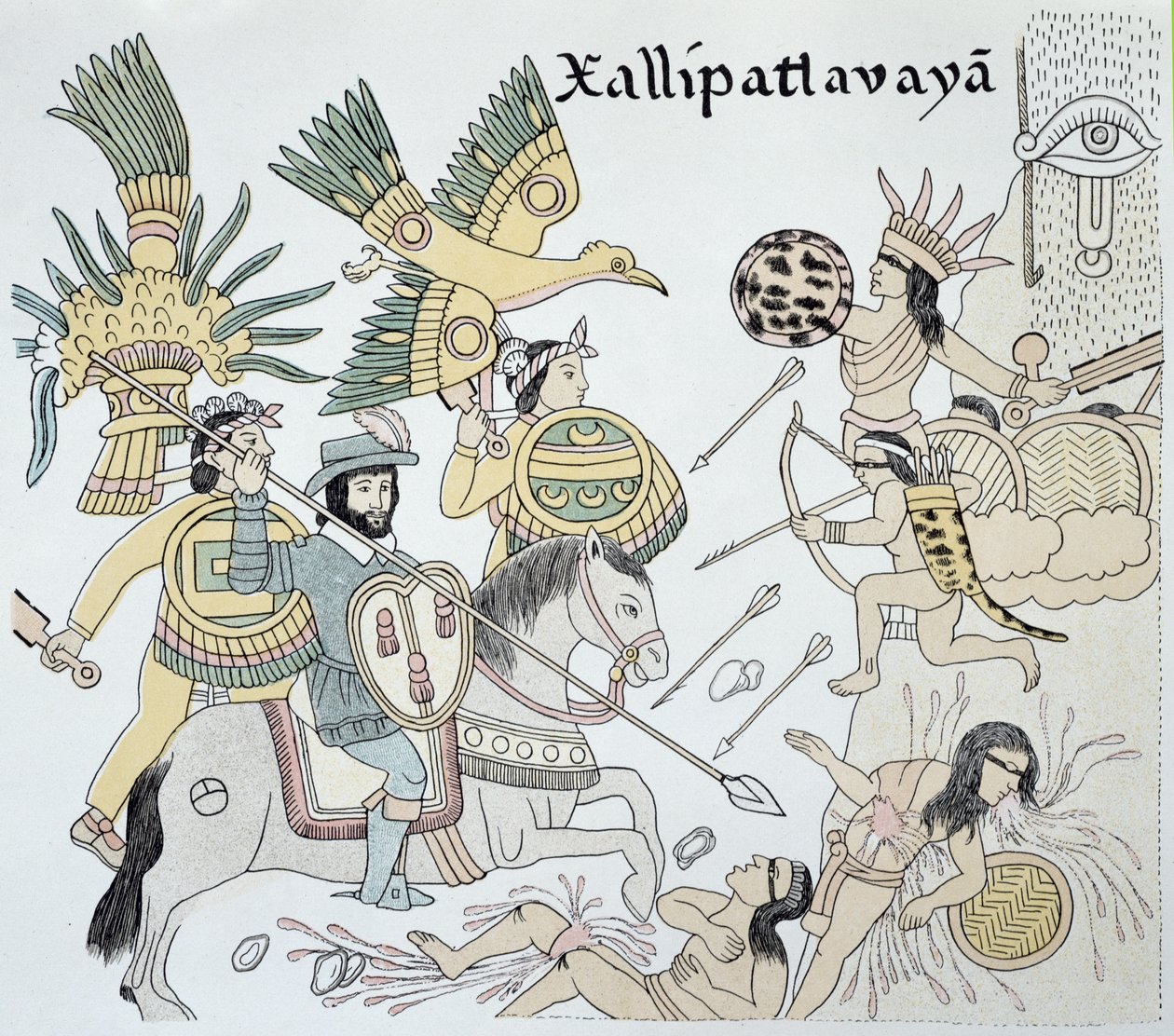 Xallipatlavaya savaşında İspanyollar ve Aztekler arasındaki mücadele, yaklaşık 1550 tarihli bir Meksika Kızılderili resimli tarihi olan 