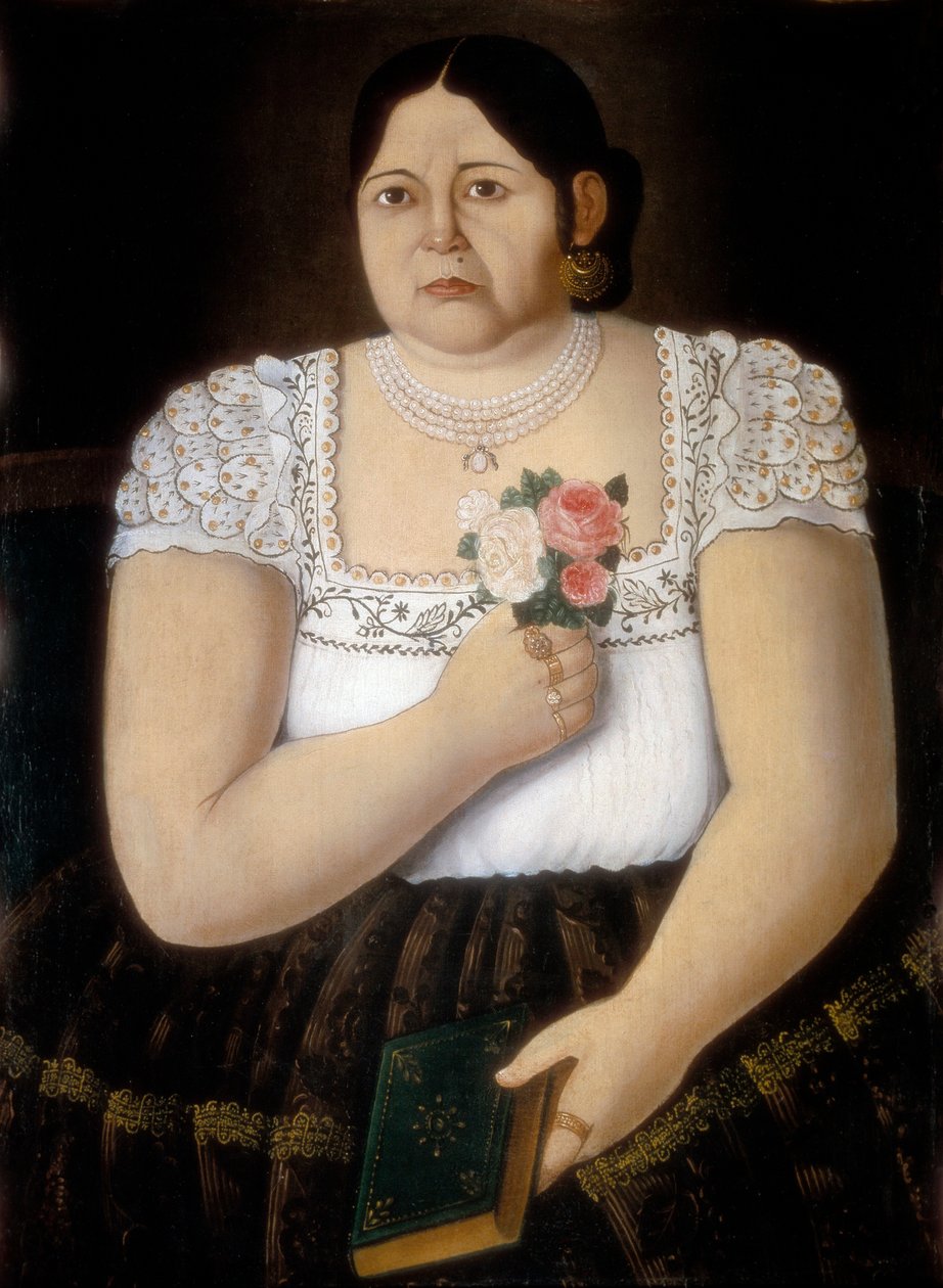 Gül Buketi Olan Yerli Puebla Kadın Portresi (resim) by School Mexican