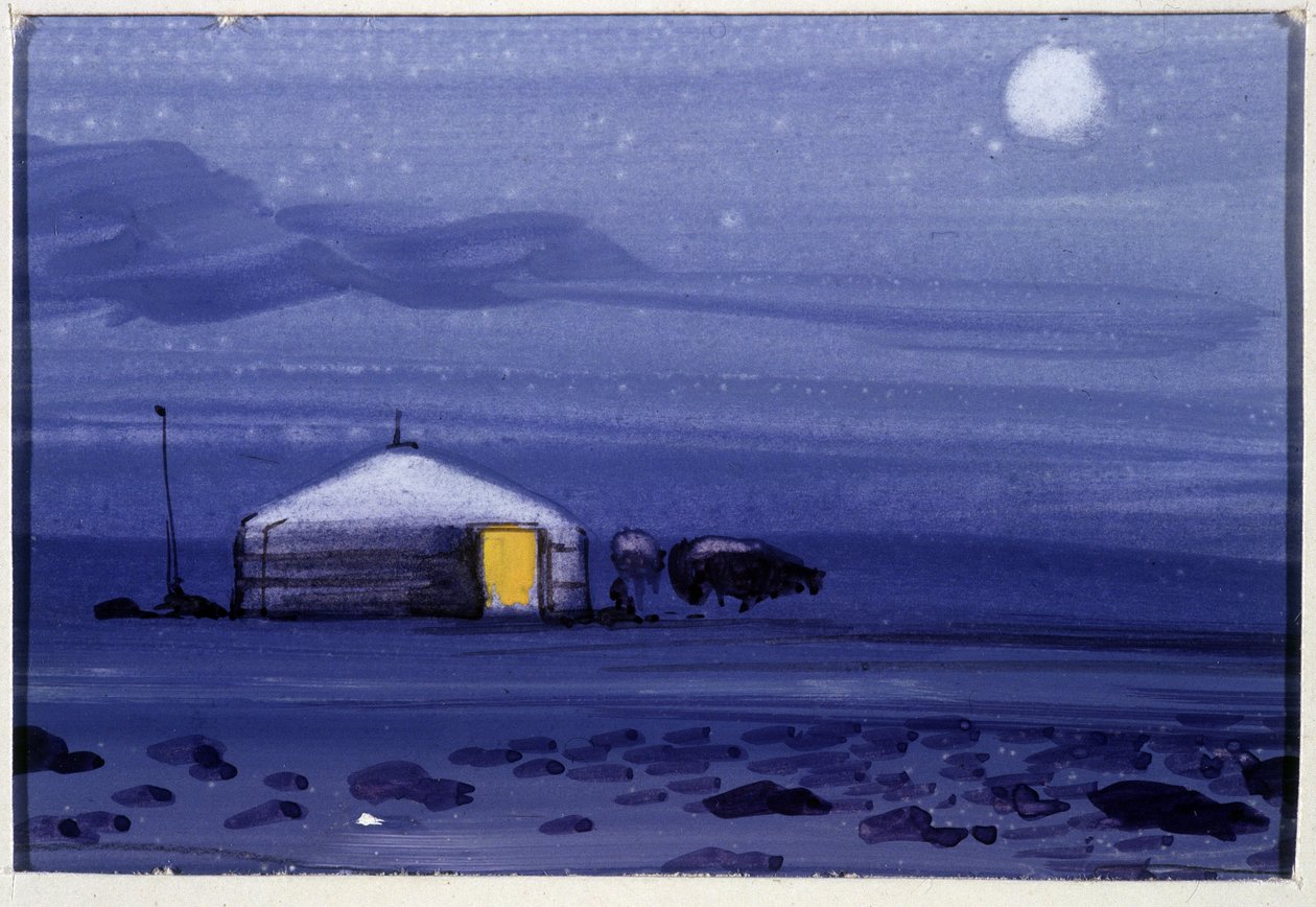Moğol Yurt, Gece - Moğol Suluboya by School Mongolian