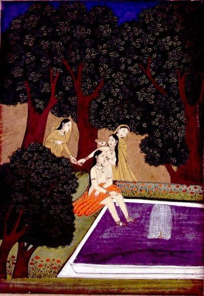 Havuz başında bir bayan, Johnson Album IX, no.16, c.1780 (kağıt üzerine altın kaplama guaj) by School Mughal
