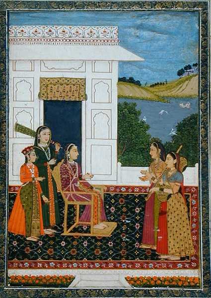 Küçük Clive Albümünden (kağıt üzerine opak sulu boya) terasta görevlileri olan bir bayan by School Mughal