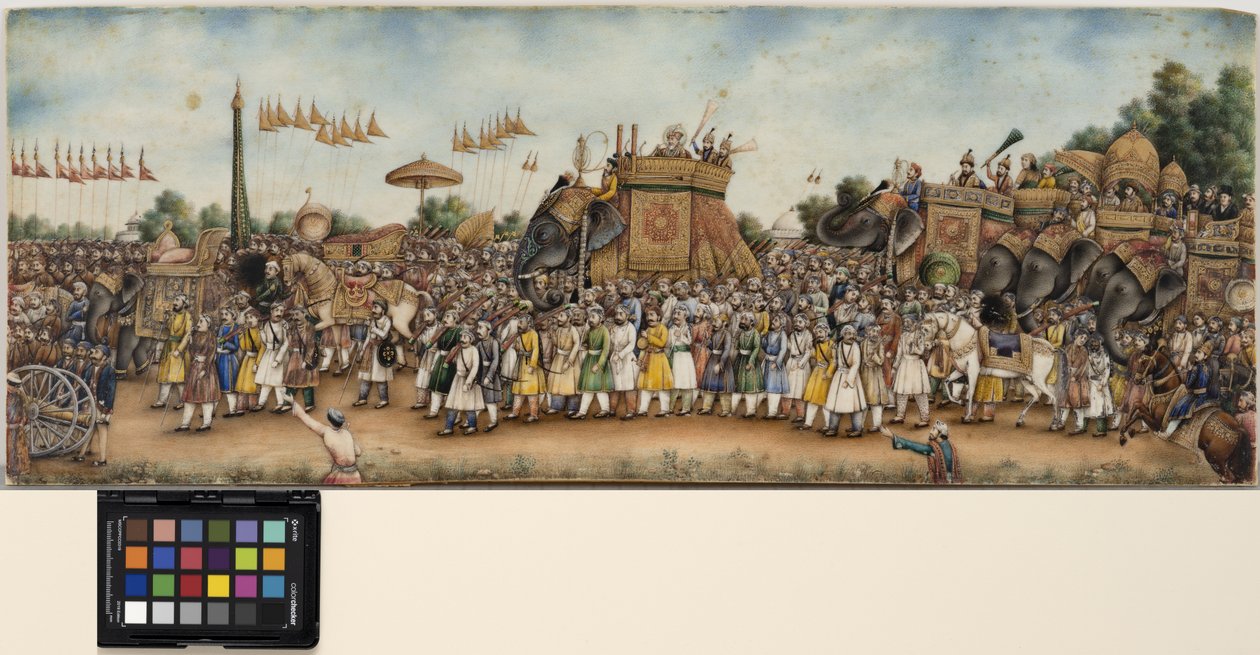 Ekber Şah II, devasa bir tören alayı içinde bir file biniyor, c.1835 (opak suluboya ve fildişi üzerine altın rengi) by School Mughal