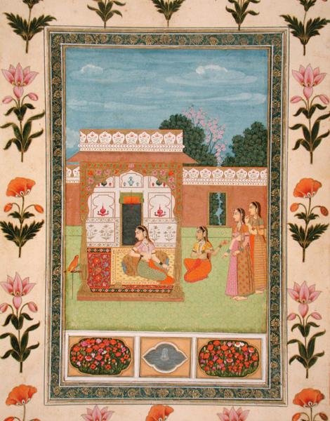 Küçük Clive Albümünden bir pavyon kenarındaki bayanlar (kağıt üzerine opak sulu boya) by School Mughal