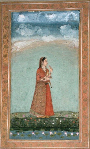 Küçük Clive Albümünden bir kase gül çiçeği tutan kadın (kağıt üzerine opak sulu boya) by School Mughal