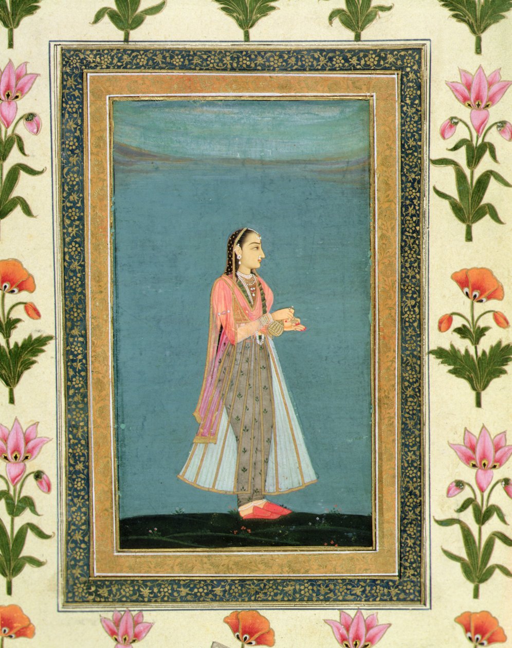 Büyük Clive Albümünden bir şarap şişesi ve bardak tutan kadın (kağıt üzerine suluboya) by School Mughal