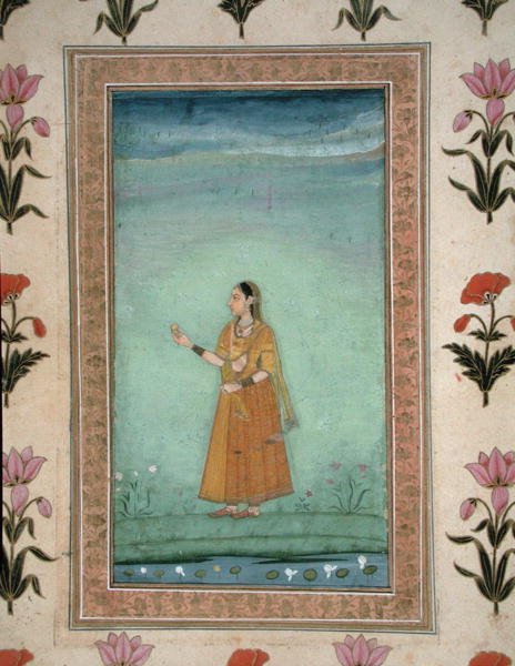 Küçük Clive Albümünden bir zambak göletinin yanında duran meyve tutan kadın, c.1600 (kağıt üzerine opak suluboya) by School Mughal