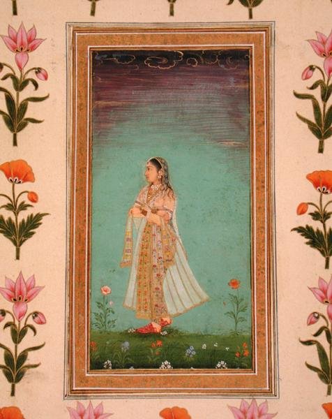 Küçük Clive Albümünden (kağıt üzerine opak sulu boya) çiçekler arasında yürüyen kadın by School Mughal