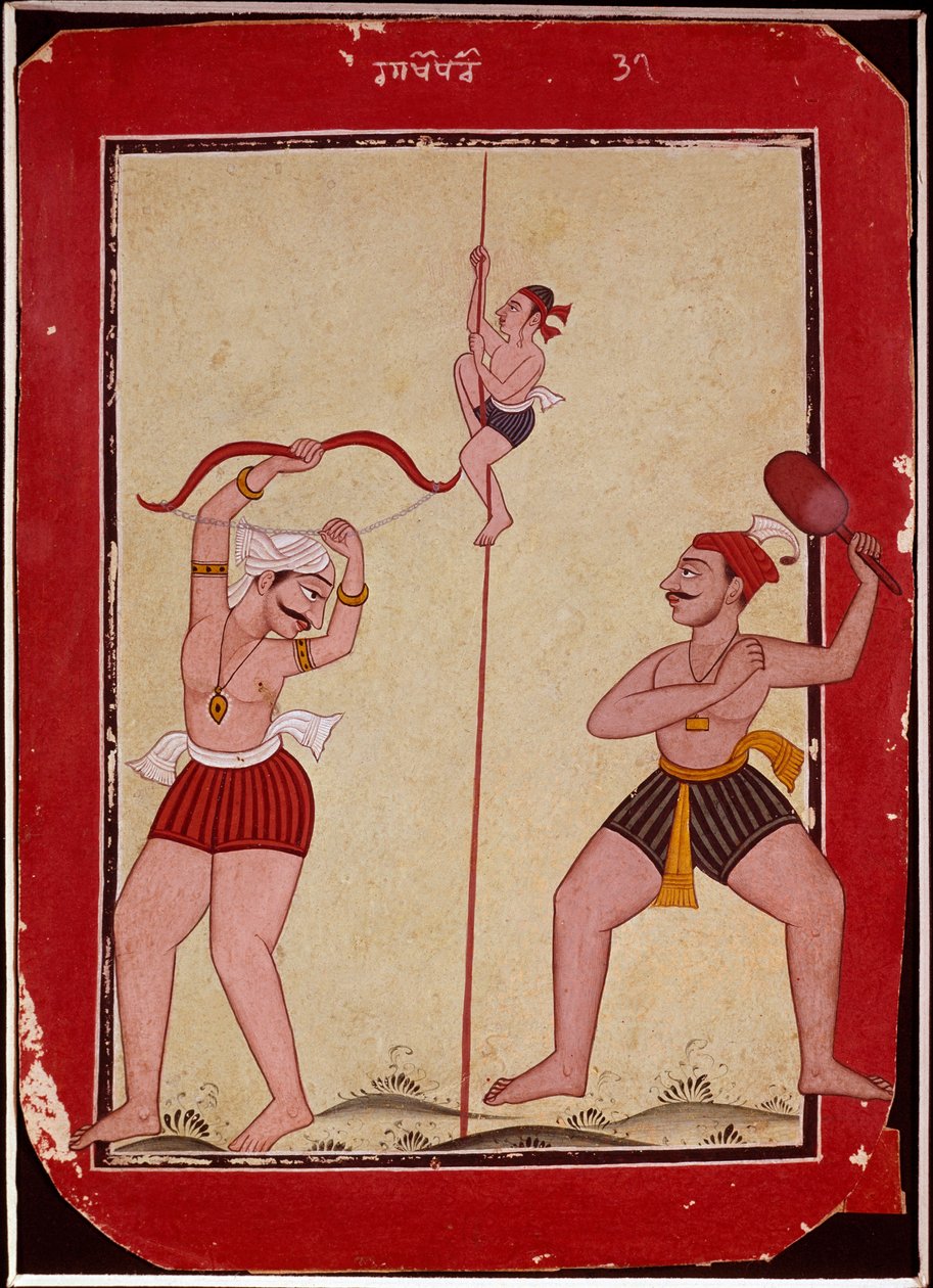 Antrenman sırasında üç sporcu (ip, okçuluk ve kar ayakkabısı oyunu) (Minyatür by School Mughal