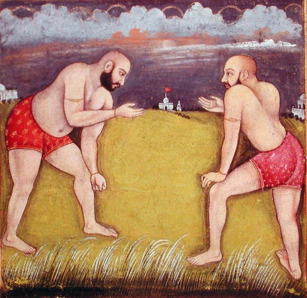 İki güreşçi, 19. yüzyılın başları (kağıt üzerine guaj boya) by School Mughal
