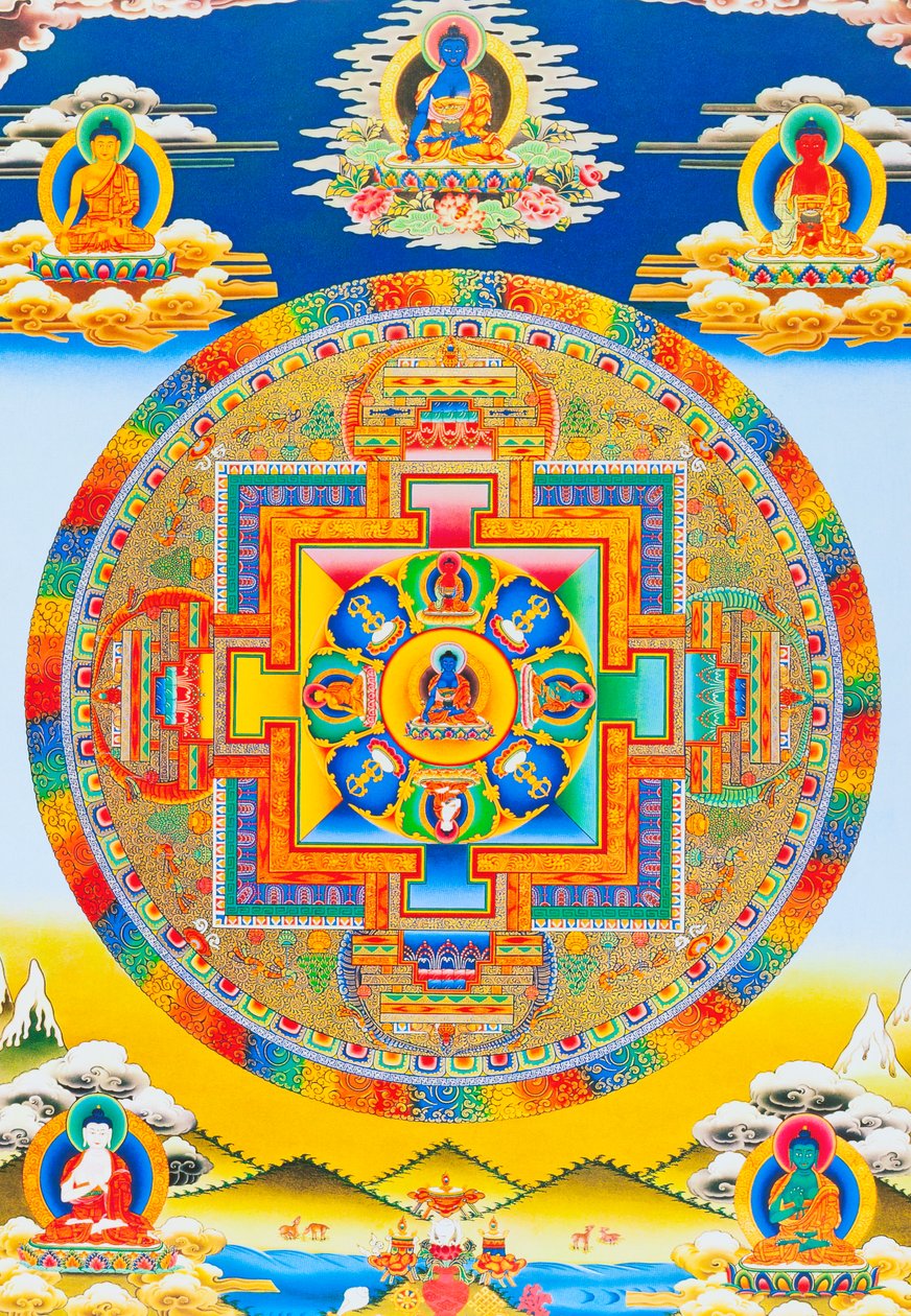 Akshobhya Mandala, soğukkanlı Buda'yı Bhumi Sparsa Mudra olarak tasvir ediyor ve dünya onun aydınlanmasına tanıklık ediyor (kumaş üzerine guaş) by School Nepalese