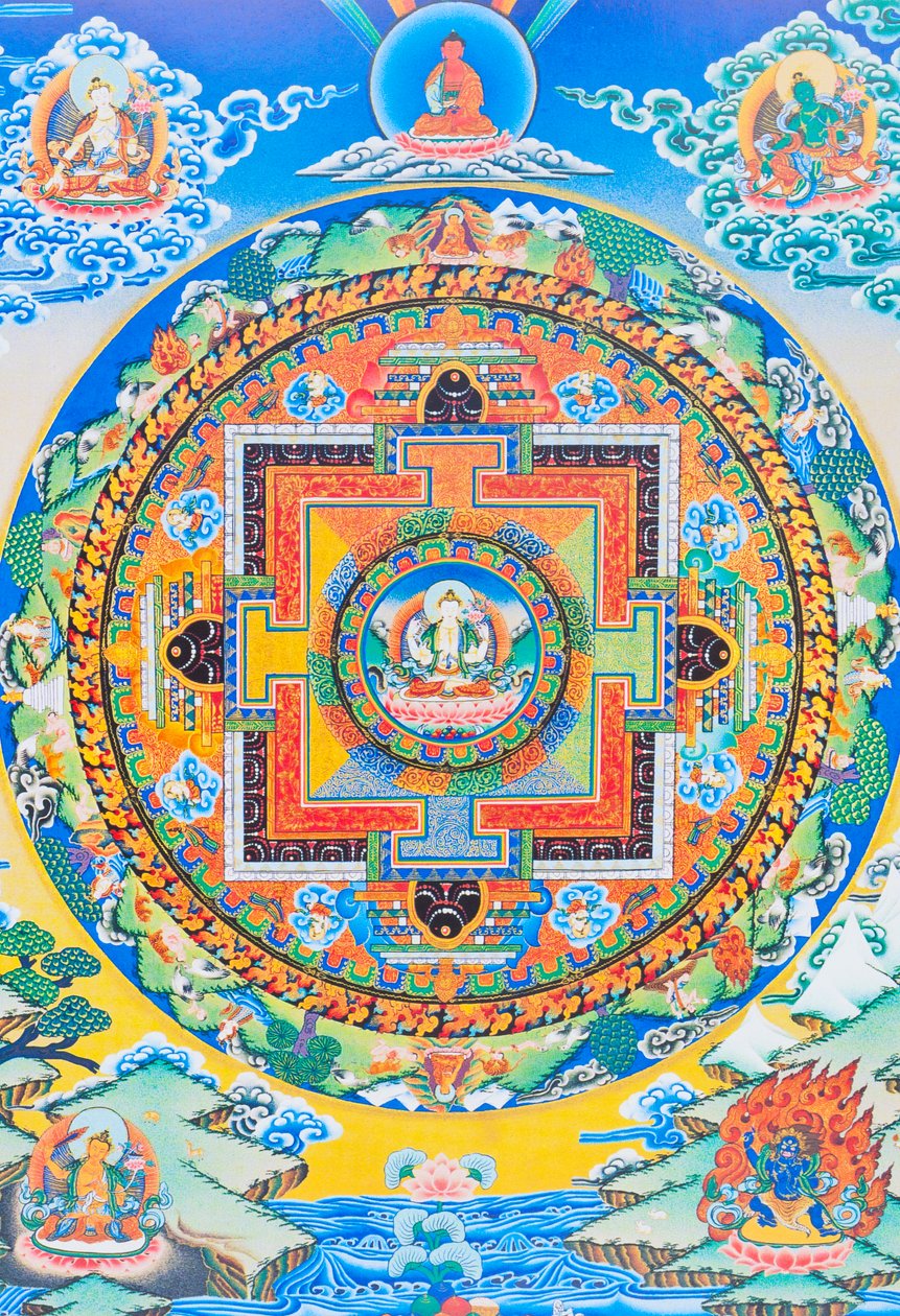 Chenresi mandalası; ortadaki figür, acı çeken varlıklara her zaman yakın olan Amitava Buddha'nın göksel tezahürü olan merhamet Buda'sını tasvir eder (kumaş üzerine guaj) by School Nepalese