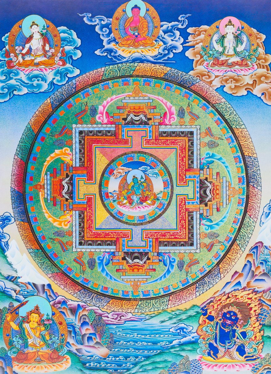 Varoluş okyanusundaki tüm tehlikelerden anne koruyucuyu tasvir eden Yeşil Tara Mandala (kumaş üzerine guaj) by School Nepalese