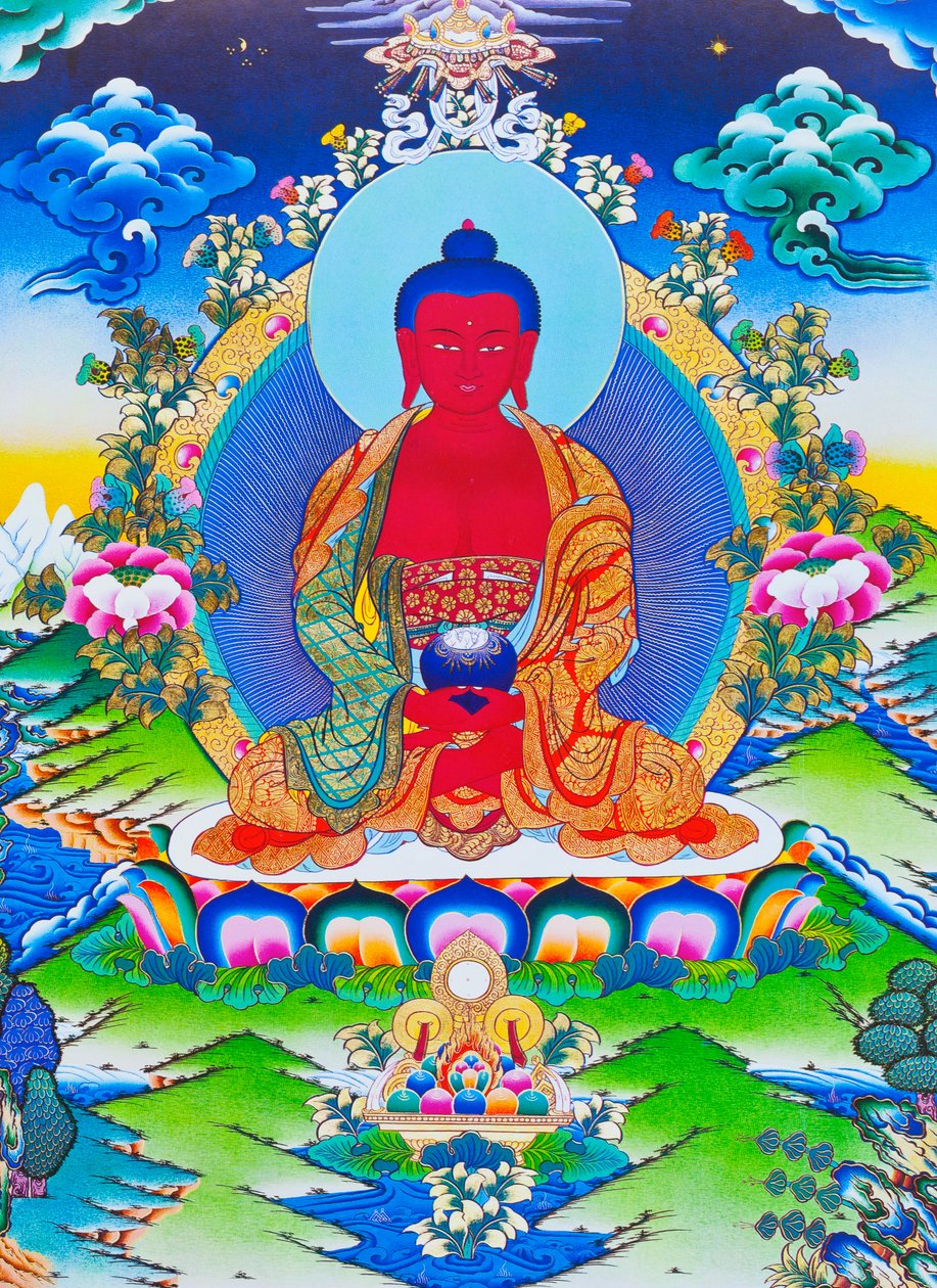Bir nilüfer üzerinde oturan Amitabha Buddha'yı tasvir eden resim (kumaş üzerine guaş) by School Nepalese