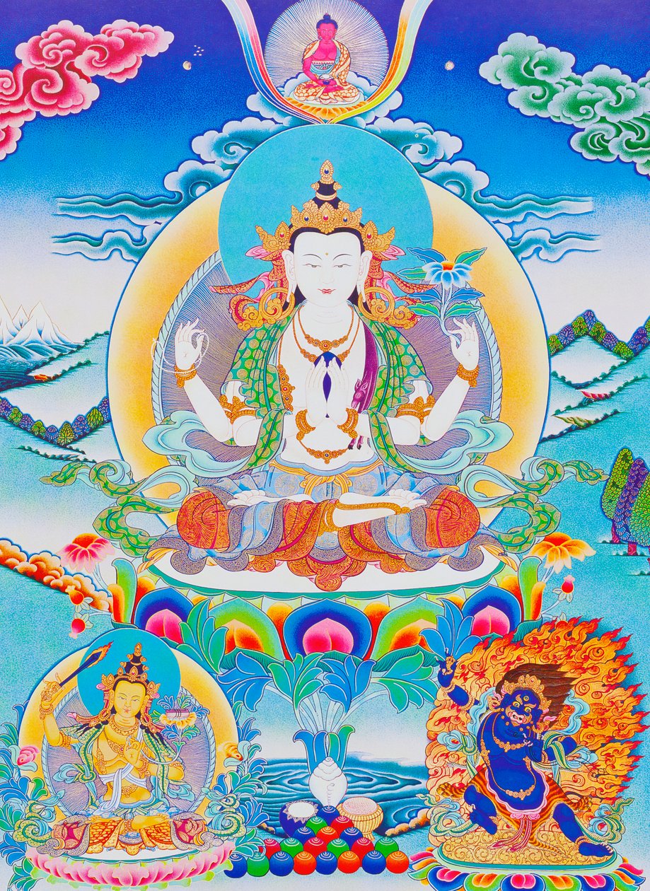 Altı heceli "Om Mani Padme Hum"un efendisi Chenresi'yi tasvir eden resim (kumaş üzerine guaş) by School Nepalese