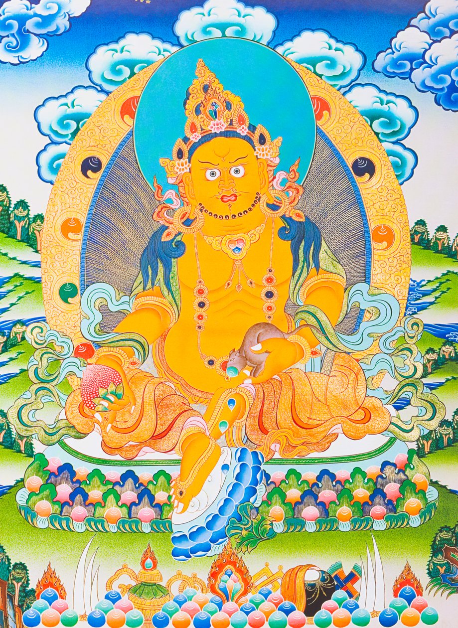 Dzambhala'yı tasvir eden resim, sarı Dzambhala, materyalist dünyadaki zenginliği simgeleyen Buda Ratnasambhava'nın tezahürüdür (kumaş üzerine guaş) by School Nepalese