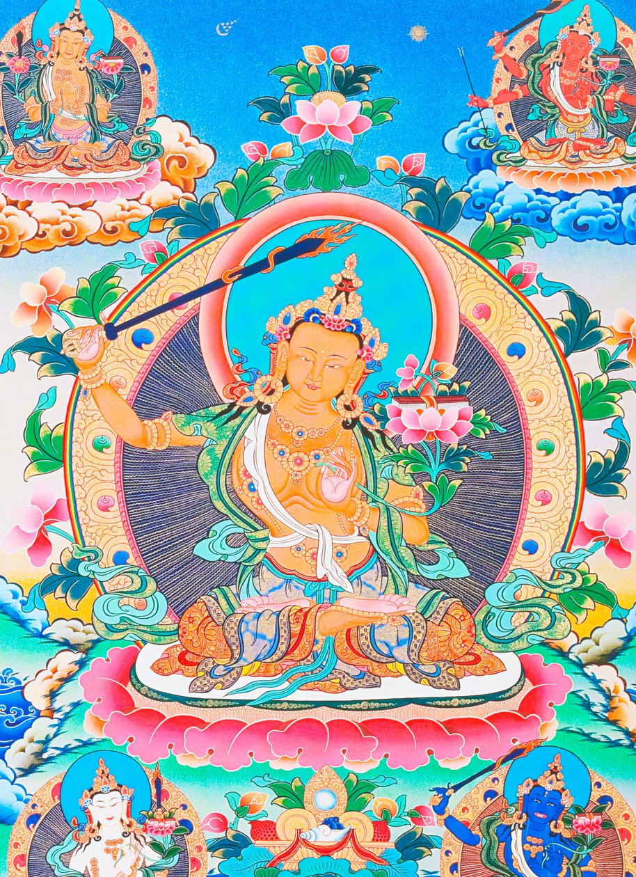 Katmandu vadisinin efsanevi yaratıcısı Manjushree'yi tasvir eden resim (kumaş üzerine guaş) by School Nepalese
