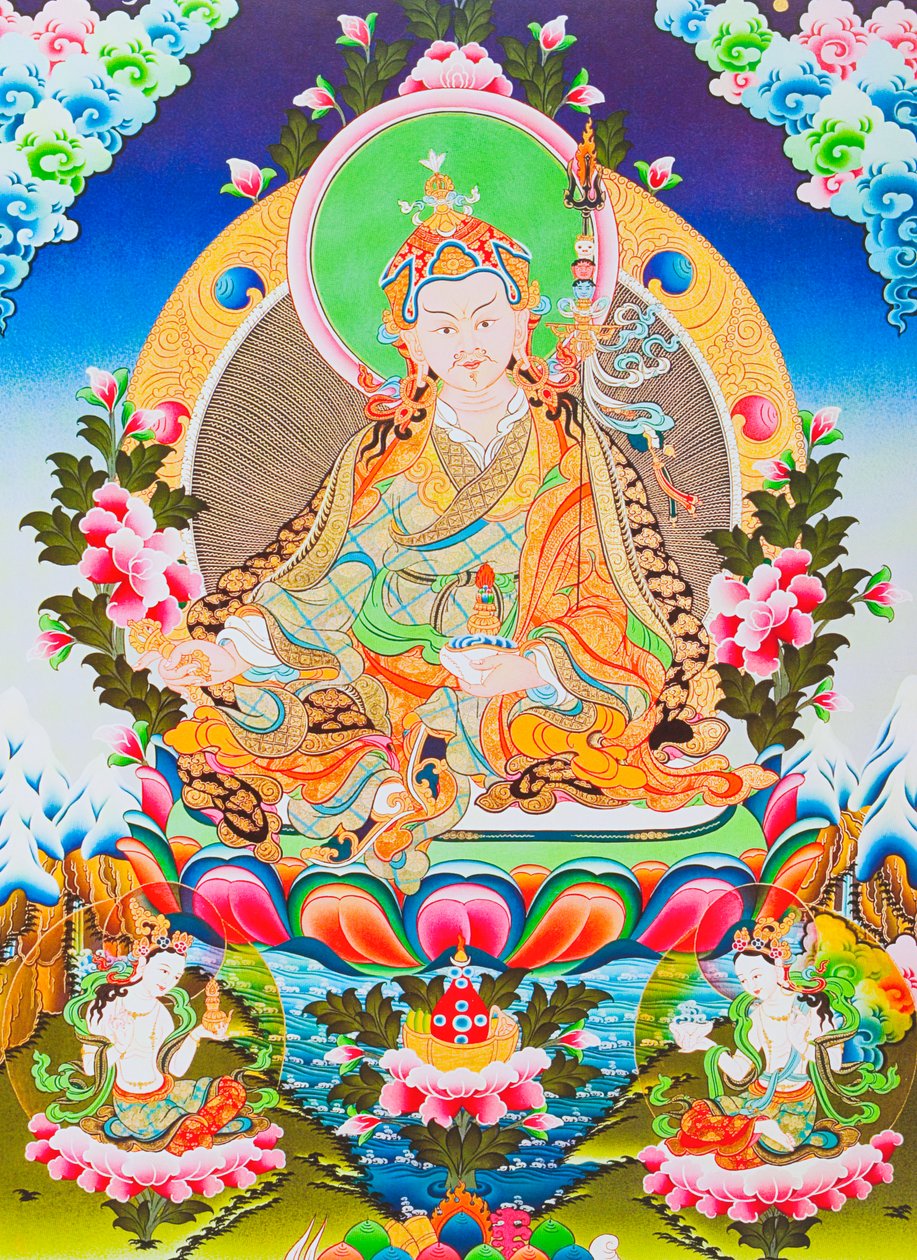 İblisler ve ruhlar üzerinde kontrol kazandığı söylenen Tibet tantrikizminin tanrılaştırılmış havarisi Padmasambhava veya guru Rimpoche'yi tasvir eden resim (kumaş üzerine guaş) by School Nepalese