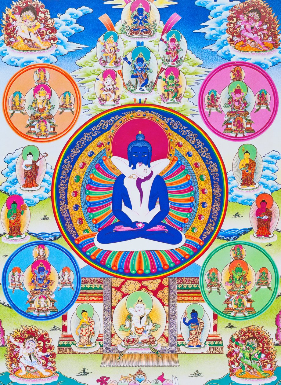 Mutlak ile birliği simgeleyen Samantabhadra'yı eşiyle birlikte tasvir eden resim (kumaş üzerine guaş) by School Nepalese