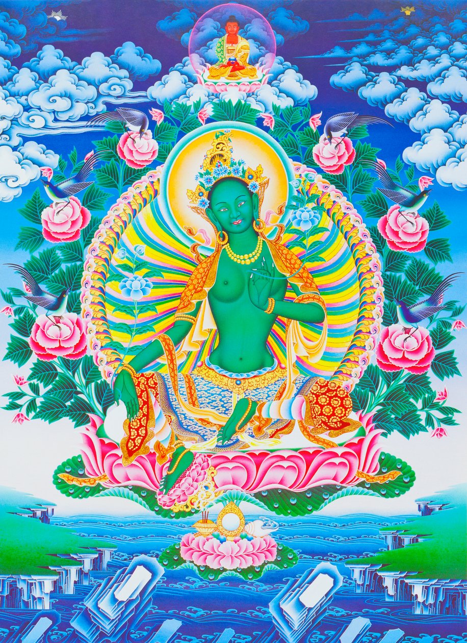 Varoluş okyanusundaki tüm tehlikelerden koruyucu anne olan yeşil Tara'yı tasvir eden resim (kumaş üzerine guaş) by School Nepalese