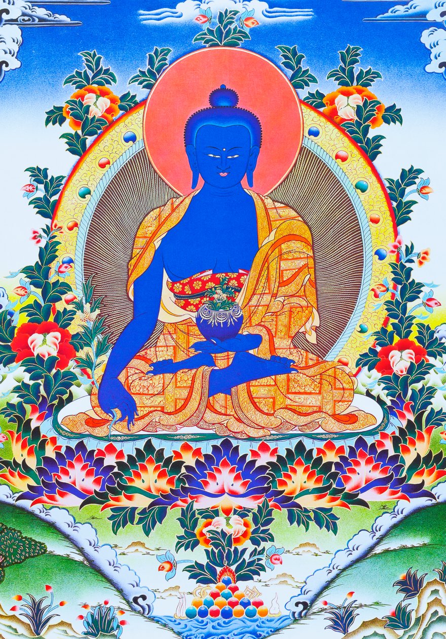 Yüce şifacı Buda'yı, sol elinde şifalı bitki arura içeren bir kase (kumaş üzerine guaj) ile manastır cübbesi içinde tasvir eden resim by School Nepalese