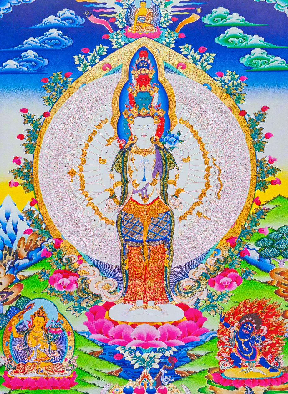 Bin kollu Avalokiteshvara'yı tasvir eden resim, on bir başlı Avalokiteshvara'yı, bin kollu ve sonsuz şefkati simgeleyen 1022 gözlü (kumaş üzerine guaş) by School Nepalese