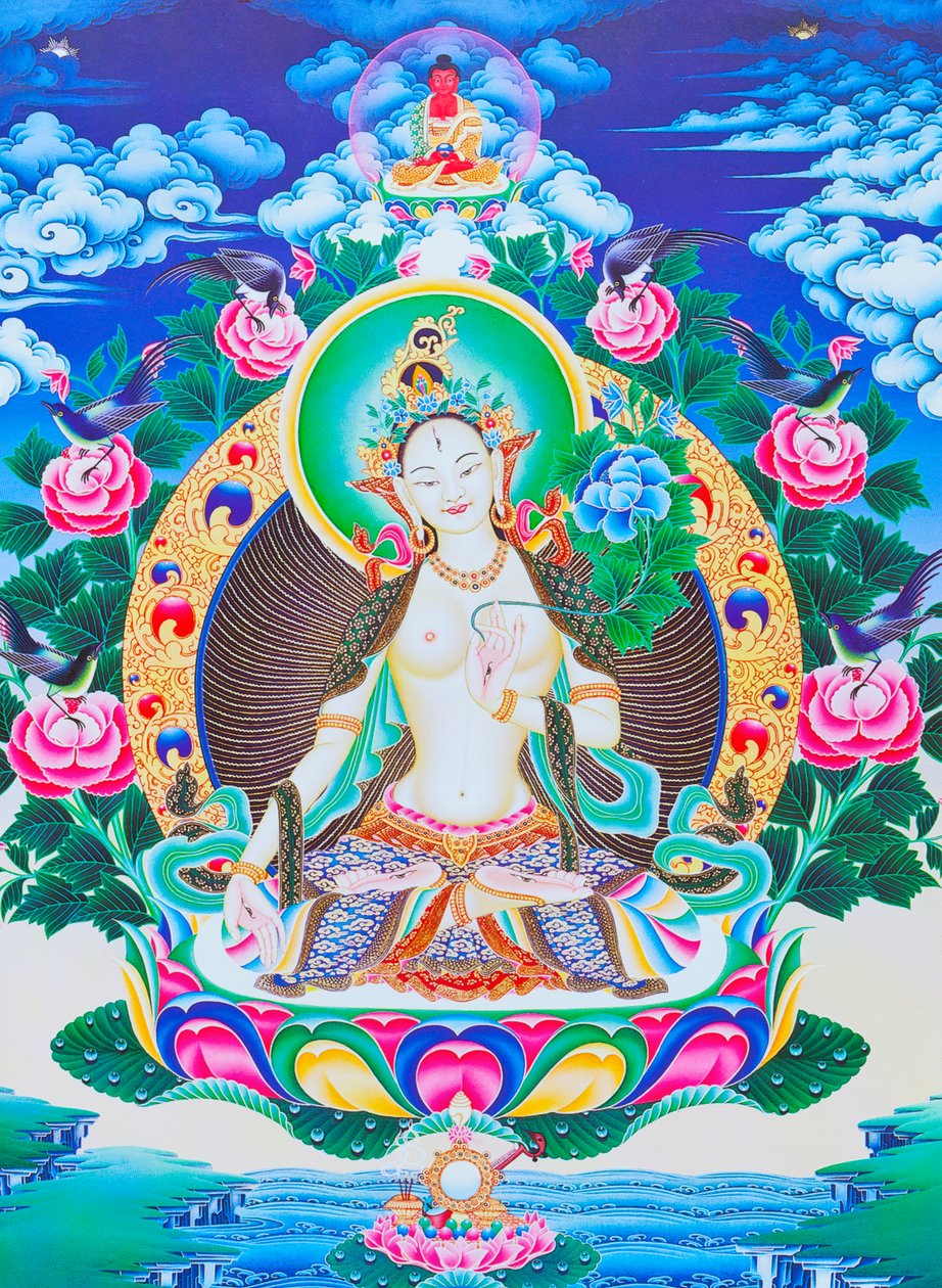 Beyaz Tara'yı, bir nilüfer üzerinde oturan yedi gözlü kutsal anneyi, sağ eli cömertliği simgeleyen varada mudra pozisyonunda (kumaş üzerine guaş) tasvir eden resim by School Nepalese