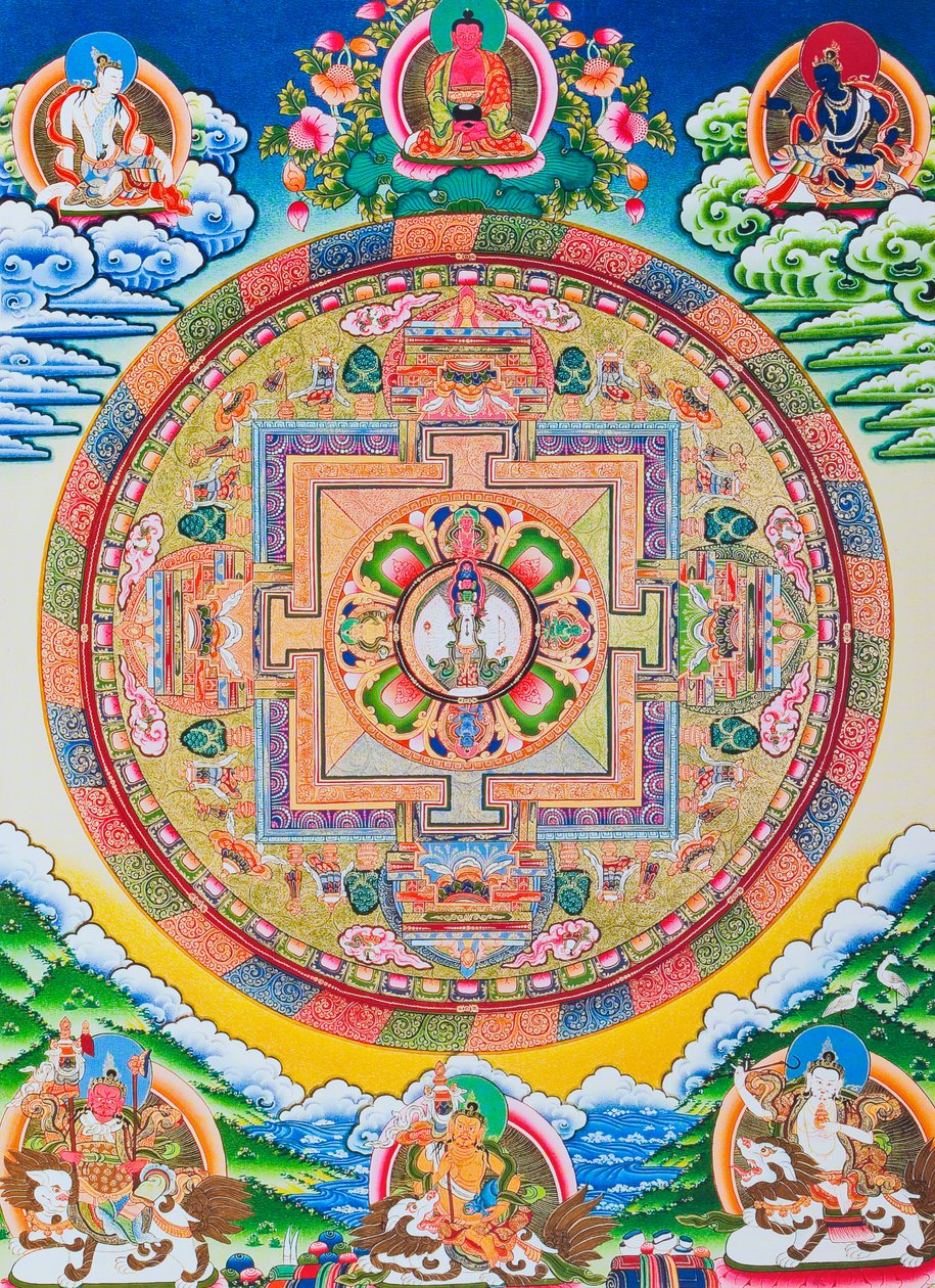 Bin kollu Mandala Avalokiteshvara; sonsuz şefkati simgeleyen on bir başlı Bodhisattva'yı tasvir eden kutsal, büyülü daire (kumaş üzerine guaş) by School Nepalese