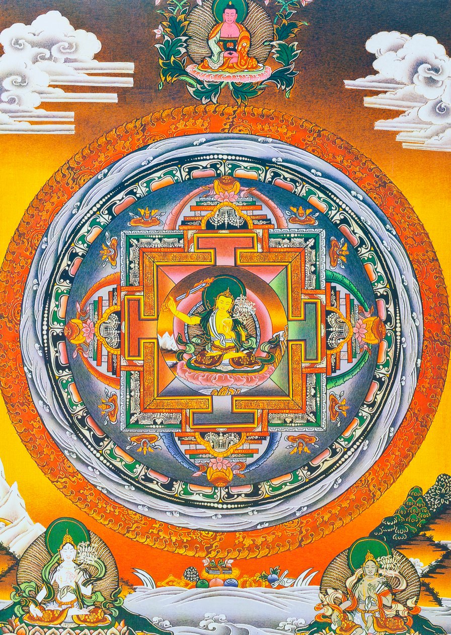 Manjushree Mandala, merkezi figürün Katmandu vadisinin efsanevi yaratıcısı bilgelik tanrısı Manjushree'yi temsil ettiği Manjushree Mandala (kumaş üzerine guaş) by School Nepalese