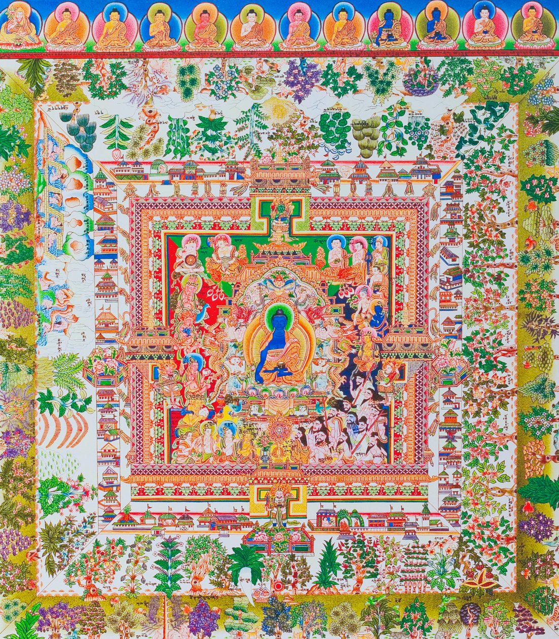 Bhaisajyaguru'nun merkez figürü olan Medicine Buddha Mandala, şifalı bitkiler içeren bir kase (kumaş üzerine guaş) ile manastır cübbesi içindeki yüce şifacıyı temsil eder. by School Nepalese