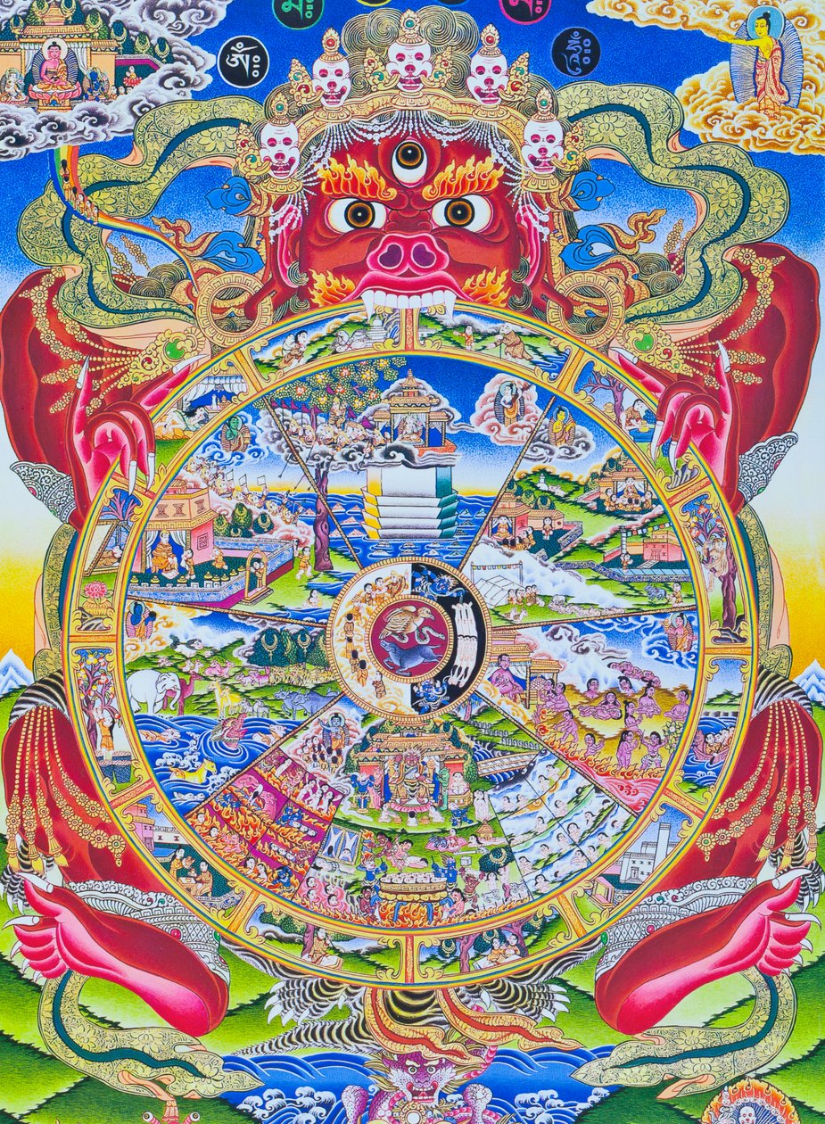 Yaşam çarkı Mandala, doğum, ölüm ve yeniden doğuşu temsil eden ölüm tanrısı Yama'nın ağzında tutulan Kalachakra'yı veya aldatılmış varoluşu tasvir eder (kumaş üzerine guaş) by School Nepalese