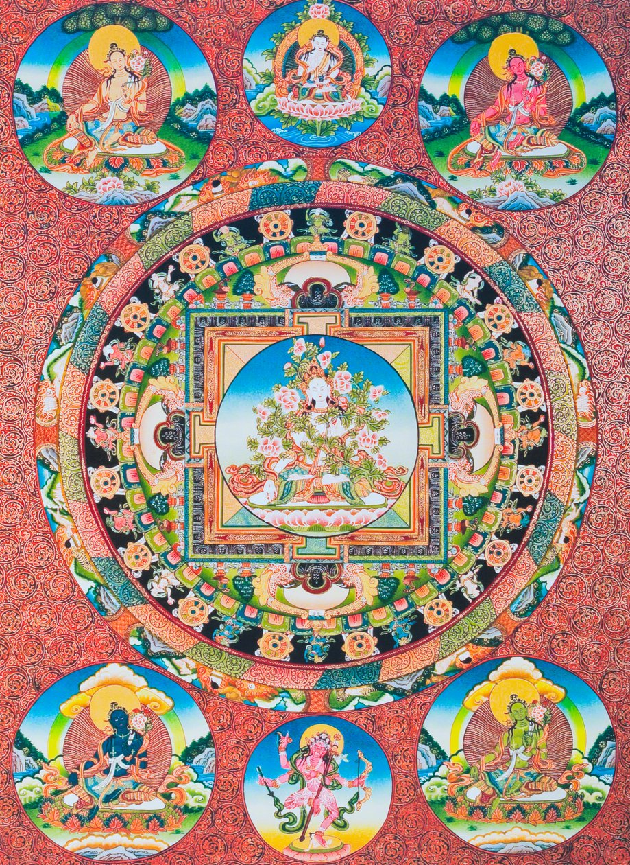 Beyaz Tara Mandala; Budist panteonunun şefkat tanrıçasını ve insanların koruyucusunu temsil eden yedi gözlü dişi tanrısı (kumaş üzerine guaş) by School Nepalese