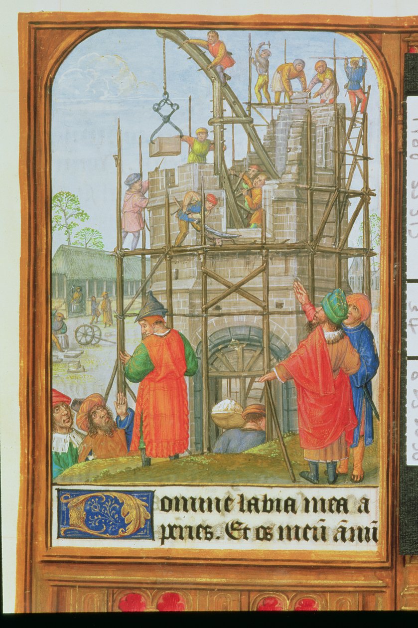 Ekle 35313 f.34 Babil Kulesi, Bruges veya Ghent binası, c.1500 (parşömen) by School Netherlandish