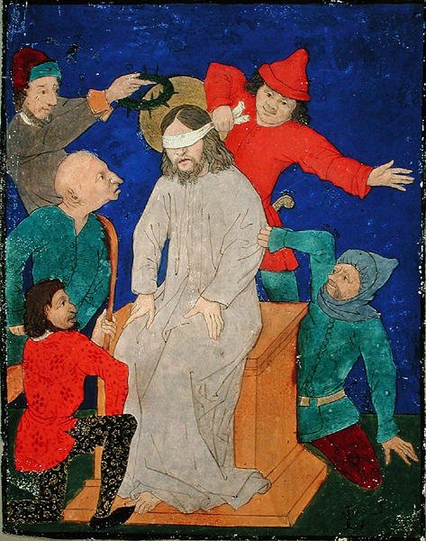 Christ Mocked (parşömen üzerine guaj, siyah mürekkep ve boya) by School Netherlandish
