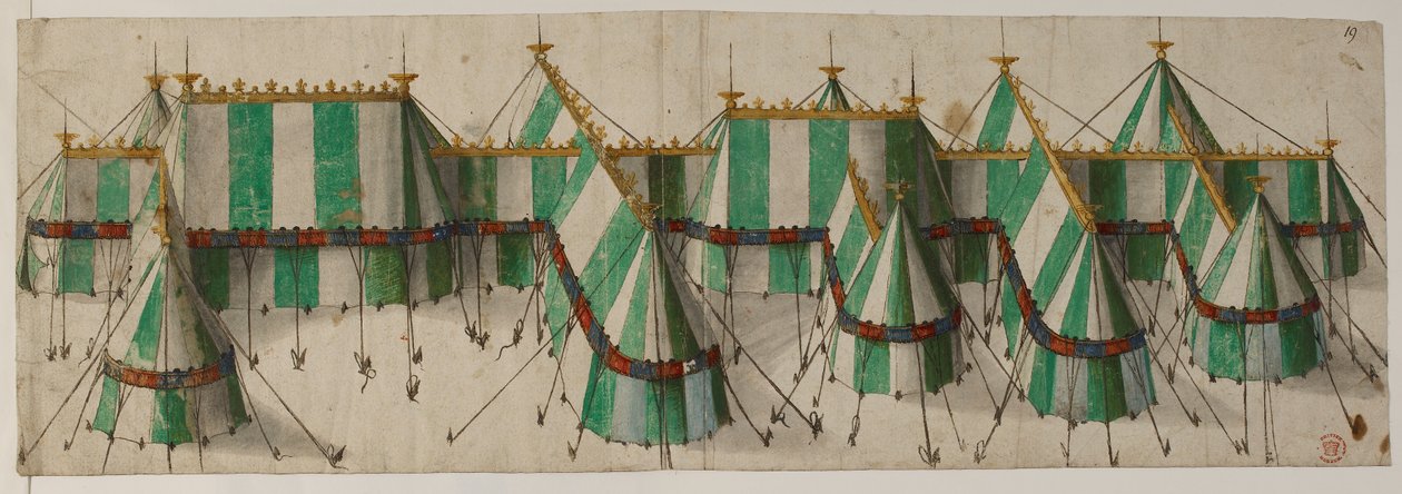 Cotton Augustus III, f.19 Beyaz ve yeşil Tudor renklerinde Kraliyet Pavyonu için Tasarım, Altın Kumaş Tarlasında Henry VIII için olduğu söyleniyor by School Netherlandish
