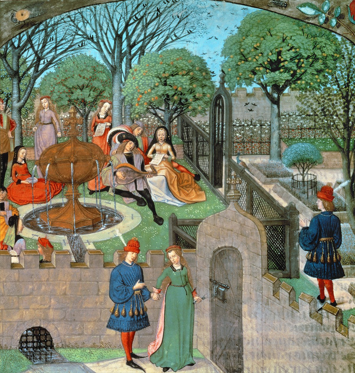 Harl 4425 f.12v Bahçe sahnesi, âşık ve kadın Oyseuse (Boşluk), bahçe duvarlarının dışında, 
