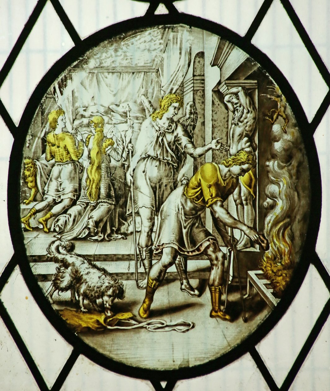 Roundel: Tobias balığın karaciğerini yakar (vitray) by School Netherlandish