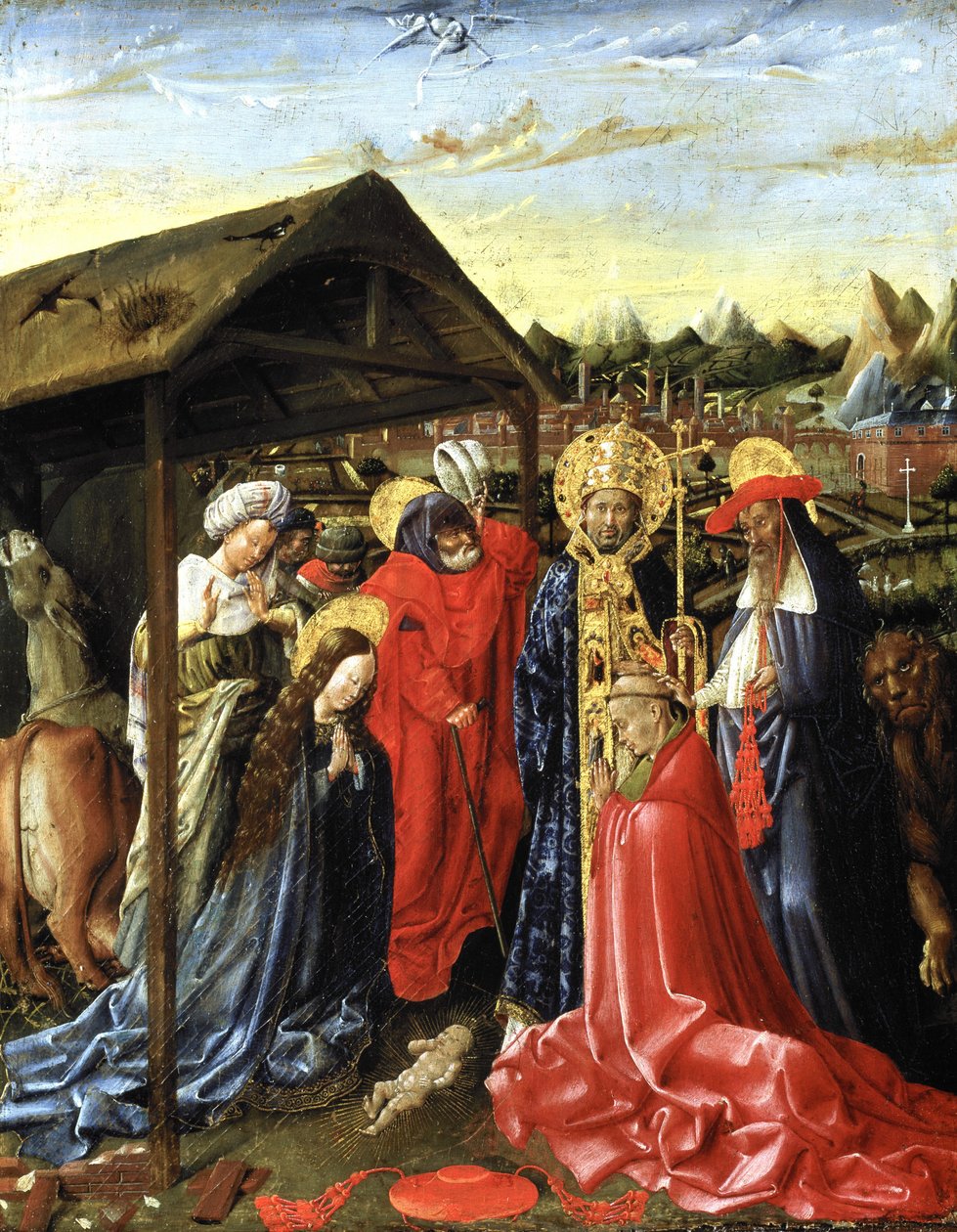 SS ile Doğuş. Sixtus (?) ve Jerome ve bir kardinal (panel üzerine yağ) by School Netherlandish