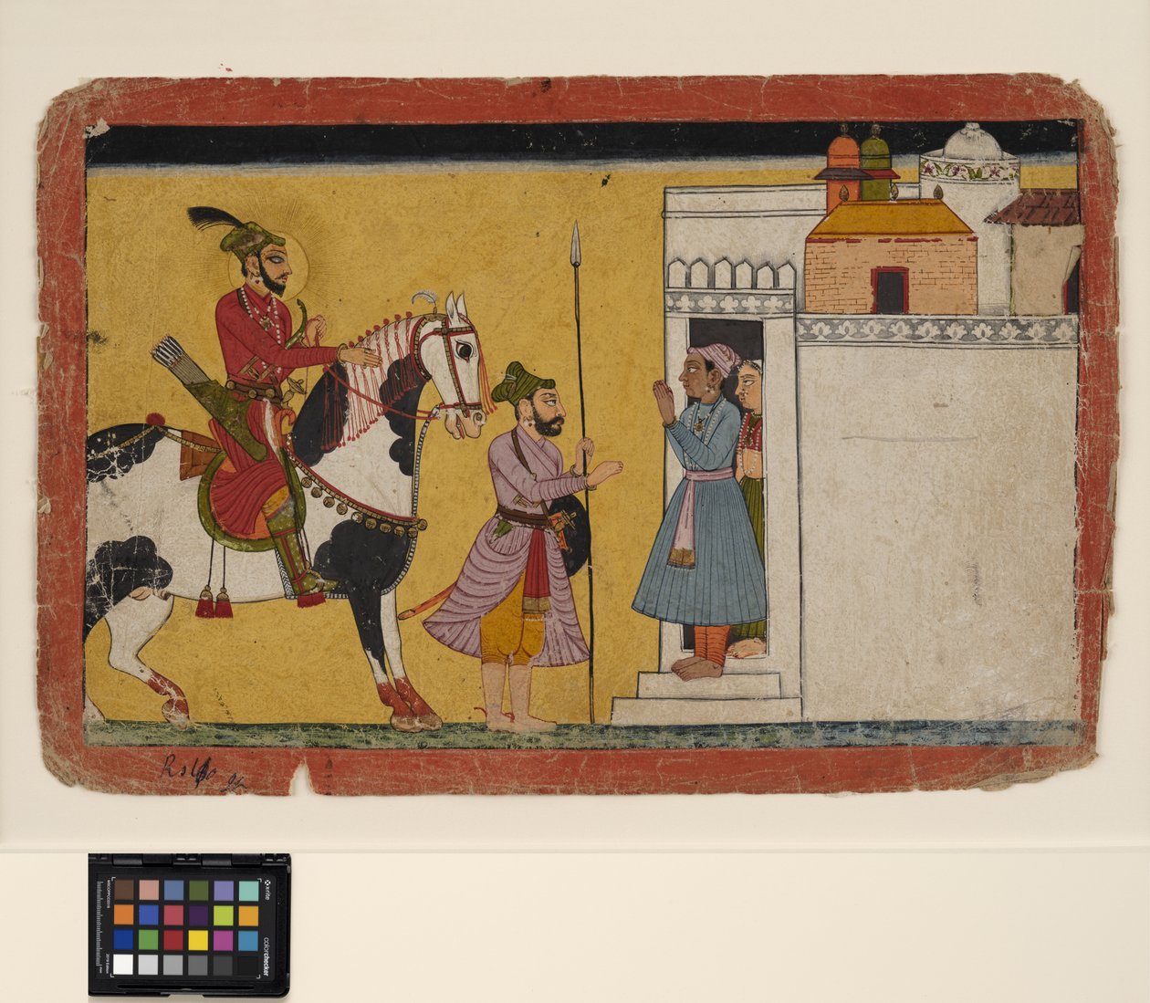 Bir prens avı bir evin kapısında durur, c.1700 (kağıt üzerinde opak w/c ve altın rengi) by School Pahari