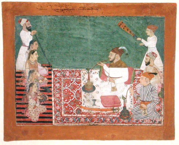 Rajah Deep Chand ve arkadaşları nargile içiyor, Bijapur, c.1760 (kağıt üzerinde guaj) by School Pahari