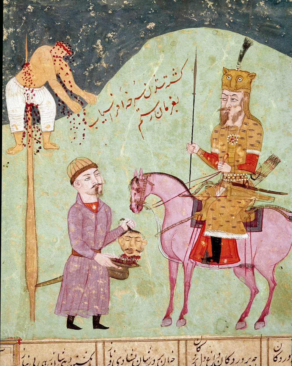 İslam sanatı: bir kazığa ve başsız bir düşman. Firdevsi (Firdevsi veya Ferdawsi veya Firdousi, yaklaşık 940-1020 civarı) Biblioteca Nazionale Naples tarafından yazılan “Shahnameh” (Şahname, Şehname) (Krallar Kitabı) adlı epik şiirin bir el yazmasından Fars by School Persian