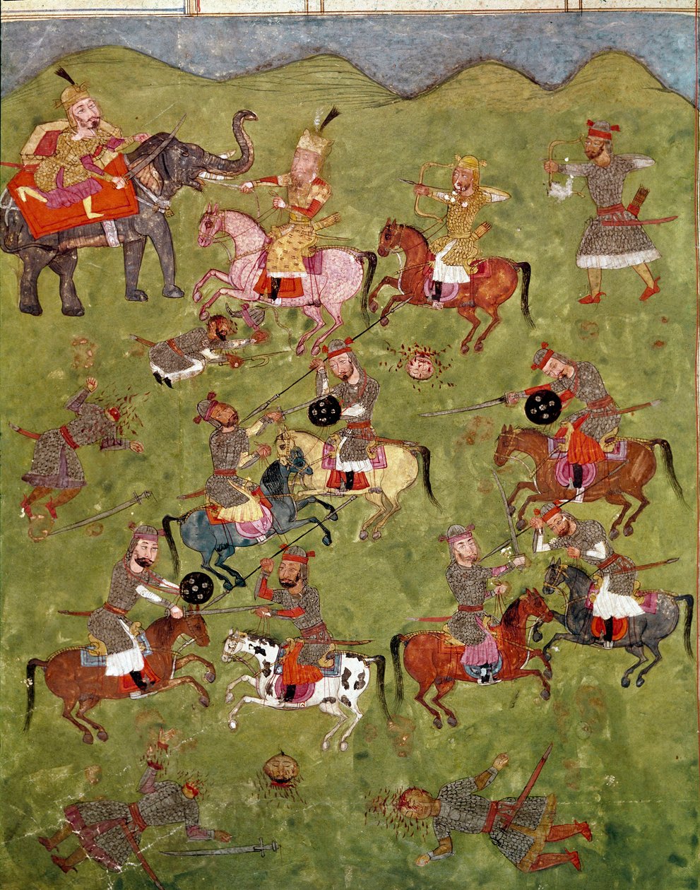 İslam sanatı: savaş sahnesi. Firdevsi (Firdevsi veya Ferdawsi veya Firdousi, yaklaşık 940-1020 civarı) Biblioteca Nazionale Naples tarafından yazılan “Shahnameh” (Şahname, Şehname) (Krallar Kitabı) adlı epik şiirin bir el yazmasından Farsça minyatür by School Persian