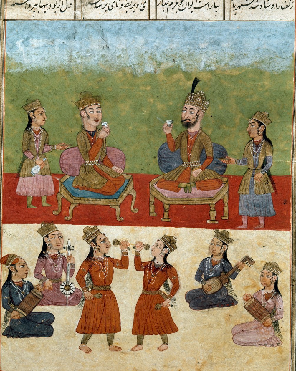 İslam sanatı: bir haremde konser ve eğlence. Firdevsi (Firdevsi veya Ferdawsi veya Firdousi, yaklaşık 940-1020 civarı) Biblioteca Nazionale Naples tarafından yazılan “Shahnameh” (Şahname, Şehname) (Krallar Kitabı) adlı epik şiirin bir el yazmasından Farsça by School Persian