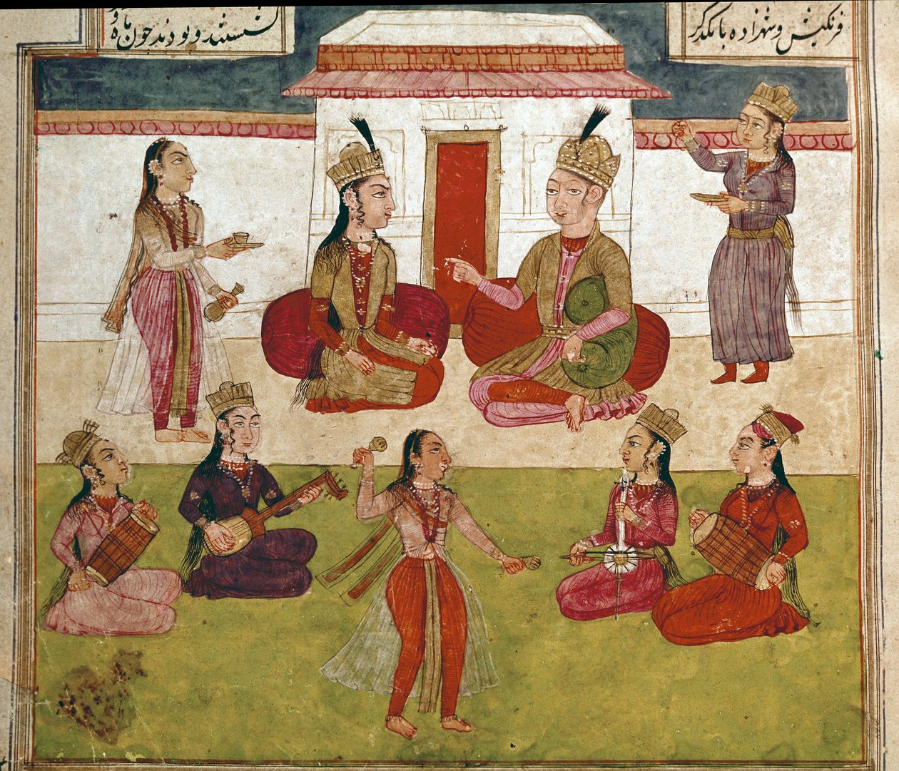 İslam sanatı: bir haremde konser ve eğlence. Firdevsi (Firdevsi veya Ferdawsi veya Firdousi, yaklaşık 940-1020 civarı) Biblioteca Nazionale Naples tarafından yazılan “Shahnameh” (Şahname, Şehname) (Krallar Kitabı) adlı epik şiirin bir el yazmasından Farsça by School Persian