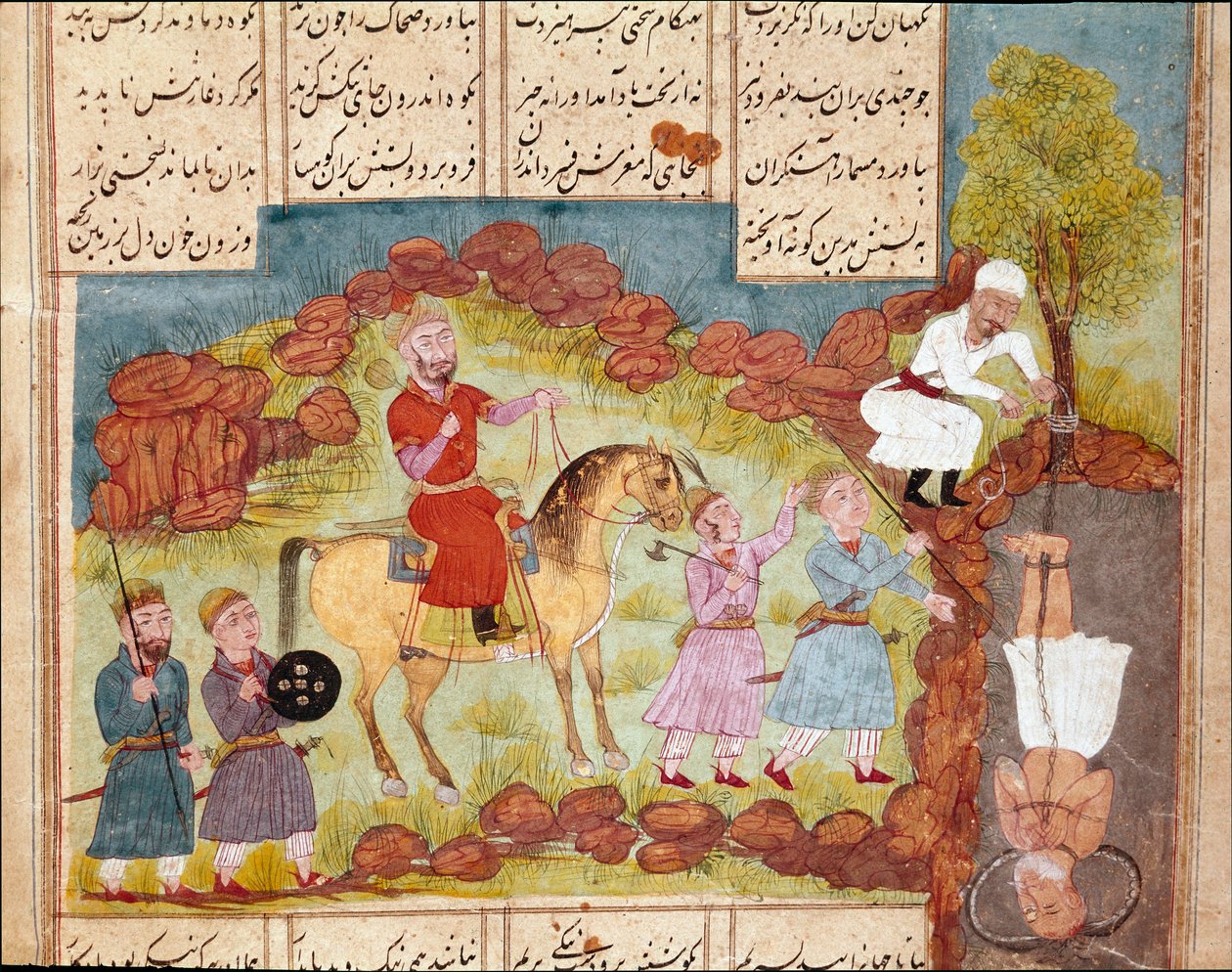 İslam sanatı: Bir ağacın dibine diri diri gömme, bir düşmanın işkence sahnesi. Firdevsi'nin (Firdevsi veya Ferdawsi veya Firdousi, yaklaşık 940-1020 civarı) “Şahname” (Şahname, Şehname) (Krallar Kitabı) adlı epik şiirin bir el yazmasından Farsça minyat by School Persian