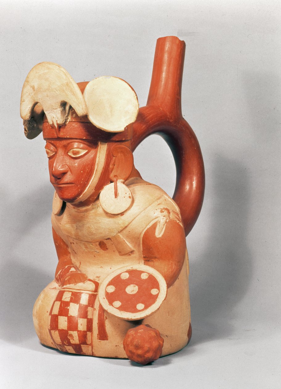 Savaşçı şeklinde Mochikan üzengi vazo, MS 300-800 (pişmiş toprak) by School Peruvian