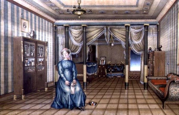 Neo-Klasik Oturma Odası İç Mekanında Bir Kız Kızı, c.1835 (kağıt üzerinde kabartmalı suluboya) by School Russian